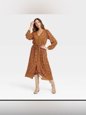 Knox Rose Mustard Floral Midi Dress XXL Drawstring waist boho